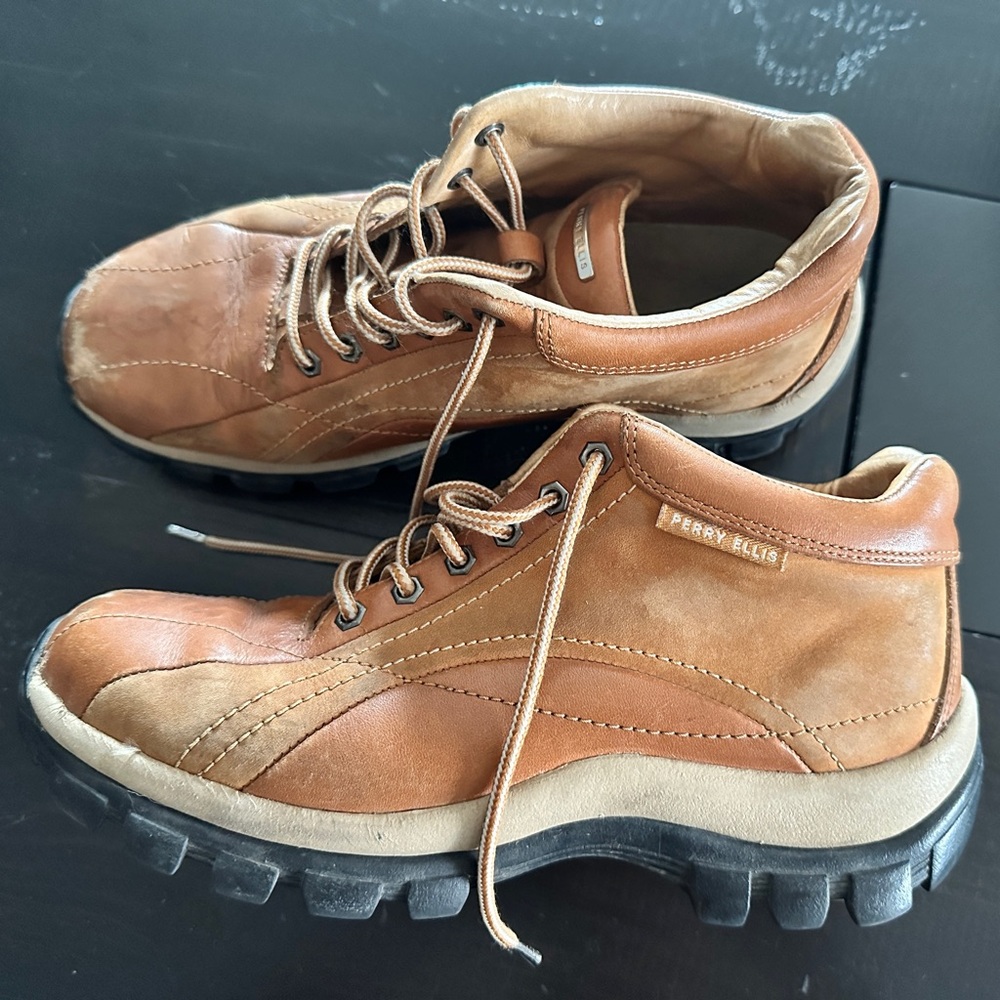 Vintage Perry Ellis Range Lea Nubuck Leather Boots in Mustard Color